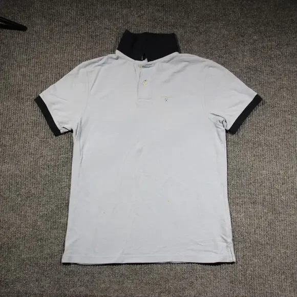 Barbour Polo Shirt Mens Medium Light Blue Gold Outdoor Preppy Logo 100% Cotton - Picture 1 of 6